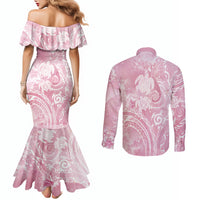 Aloha Hawaii Turtles Floral Couples Matching Mermaid Dress and Long Sleeve Button Shirt Pink Marbles Glaze LT7 - Polynesian Pride