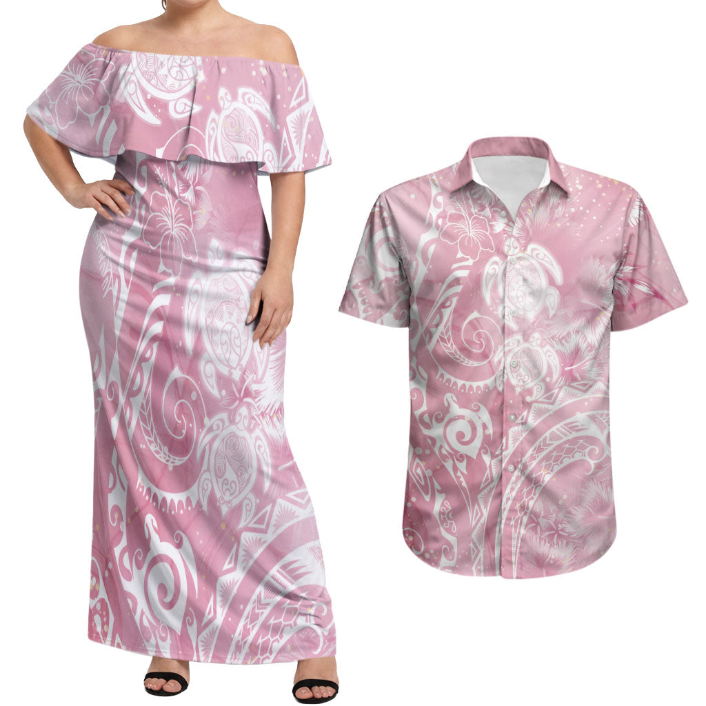 Aloha Hawaii Turtles Floral Couples Matching Off Shoulder Maxi Dress and Hawaiian Shirt Pink Marbles Glaze LT7 Pink - Polynesian Pride