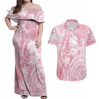 Aloha Hawaii Turtles Floral Couples Matching Off Shoulder Maxi Dress and Hawaiian Shirt Pink Marbles Glaze LT7 Pink - Polynesian Pride