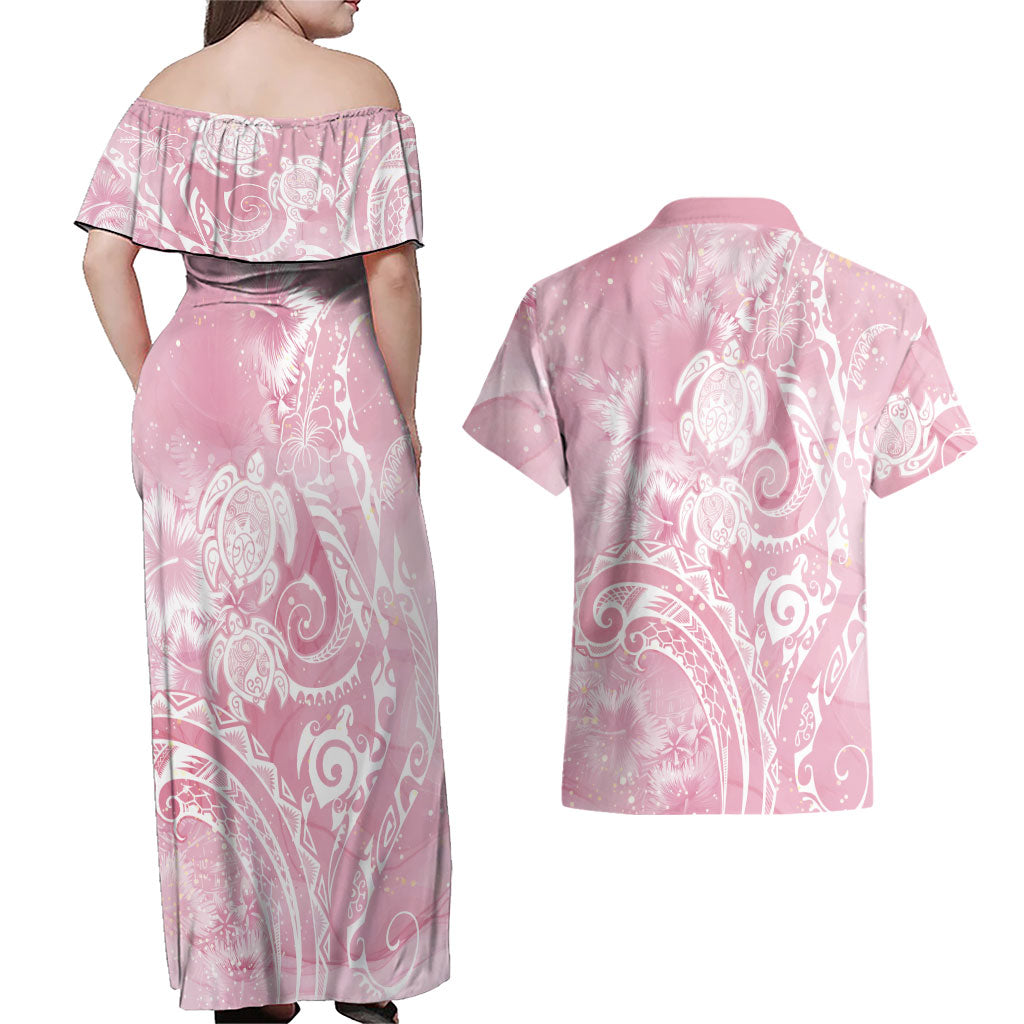 Aloha Hawaii Turtles Floral Couples Matching Off Shoulder Maxi Dress and Hawaiian Shirt Pink Marbles Glaze LT7 - Polynesian Pride
