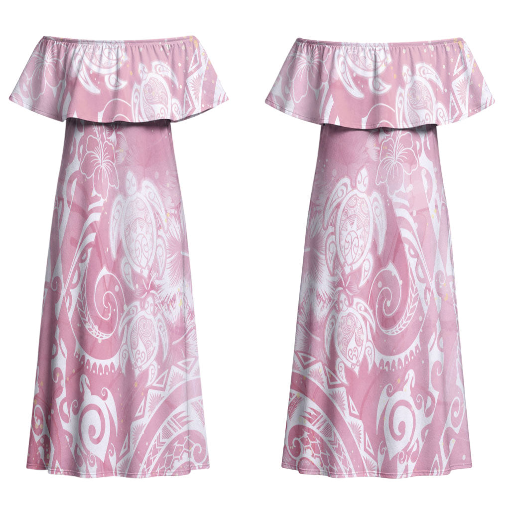 Aloha Hawaii Turtles Floral Couples Matching Off Shoulder Maxi Dress and Hawaiian Shirt Pink Marbles Glaze LT7 - Polynesian Pride