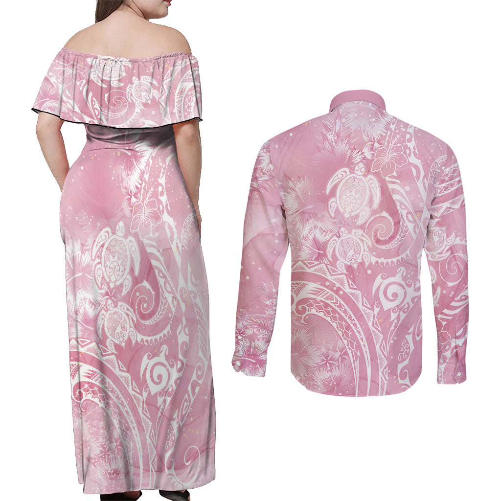 Aloha Hawaii Turtles Floral Couples Matching Off Shoulder Maxi Dress and Long Sleeve Button Shirt Pink Marbles Glaze LT7 - Polynesian Pride
