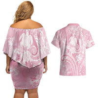 Aloha Hawaii Turtles Floral Couples Matching Off Shoulder Short Dress and Hawaiian Shirt Pink Marbles Glaze LT7 - Polynesian Pride