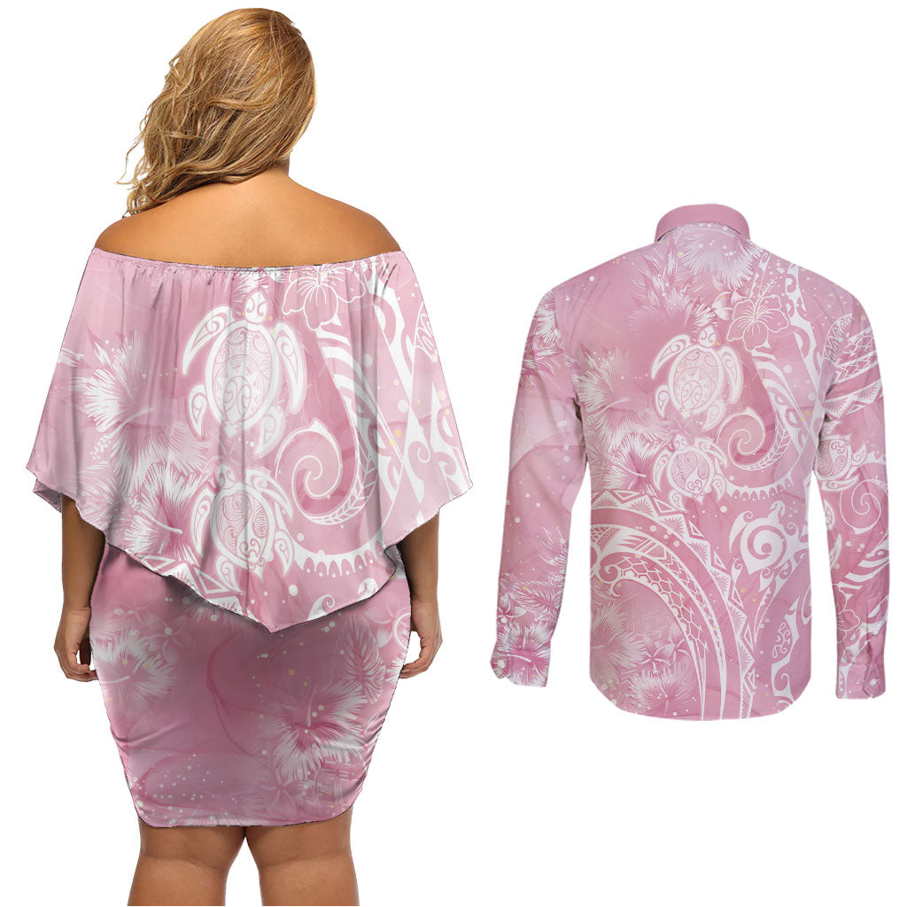 Aloha Hawaii Turtles Floral Couples Matching Off Shoulder Short Dress and Long Sleeve Button Shirt Pink Marbles Glaze LT7 - Polynesian Pride