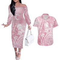Aloha Hawaii Turtles Floral Couples Matching Off The Shoulder Long Sleeve Dress and Hawaiian Shirt Pink Marbles Glaze LT7 Pink - Polynesian Pride
