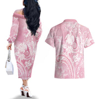Aloha Hawaii Turtles Floral Couples Matching Off The Shoulder Long Sleeve Dress and Hawaiian Shirt Pink Marbles Glaze LT7 - Polynesian Pride