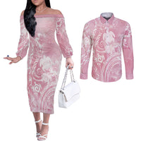Aloha Hawaii Turtles Floral Couples Matching Off The Shoulder Long Sleeve Dress and Long Sleeve Button Shirt Pink Marbles Glaze LT7 Pink - Polynesian Pride