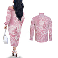Aloha Hawaii Turtles Floral Couples Matching Off The Shoulder Long Sleeve Dress and Long Sleeve Button Shirt Pink Marbles Glaze LT7 - Polynesian Pride