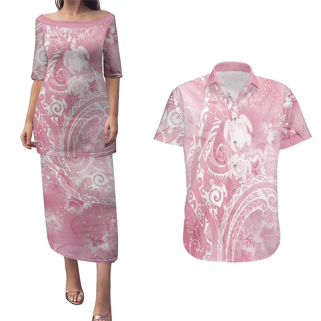 Aloha Hawaii Turtles Floral Couples Matching Puletasi and Hawaiian Shirt Pink Marbles Glaze LT7 Pink - Polynesian Pride