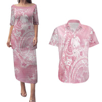 Aloha Hawaii Turtles Floral Couples Matching Puletasi and Hawaiian Shirt Pink Marbles Glaze LT7 Pink - Polynesian Pride