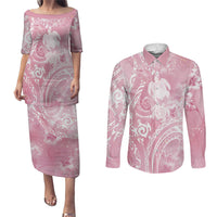 Aloha Hawaii Turtles Floral Couples Matching Puletasi and Long Sleeve Button Shirt Pink Marbles Glaze LT7 Pink - Polynesian Pride