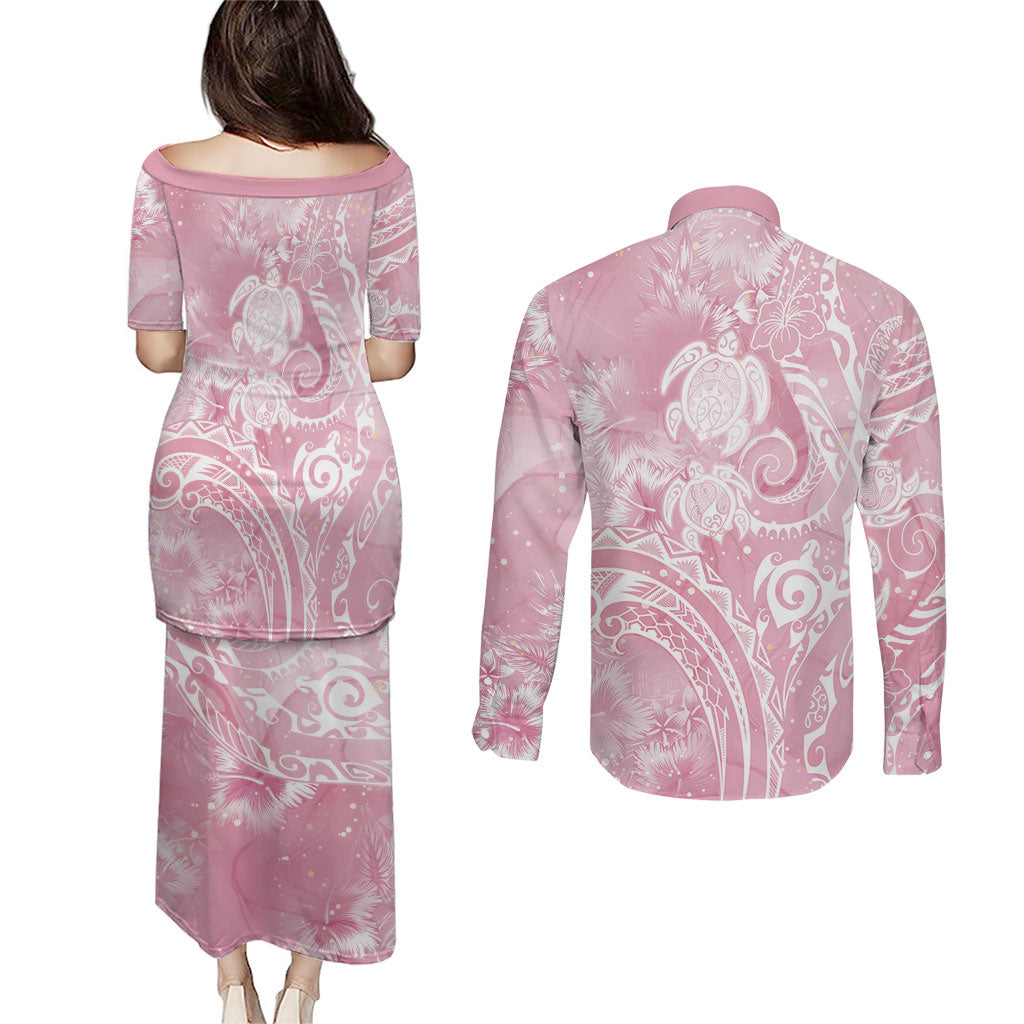 Aloha Hawaii Turtles Floral Couples Matching Puletasi and Long Sleeve Button Shirt Pink Marbles Glaze LT7 - Polynesian Pride