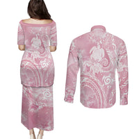 Aloha Hawaii Turtles Floral Couples Matching Puletasi and Long Sleeve Button Shirt Pink Marbles Glaze LT7 - Polynesian Pride