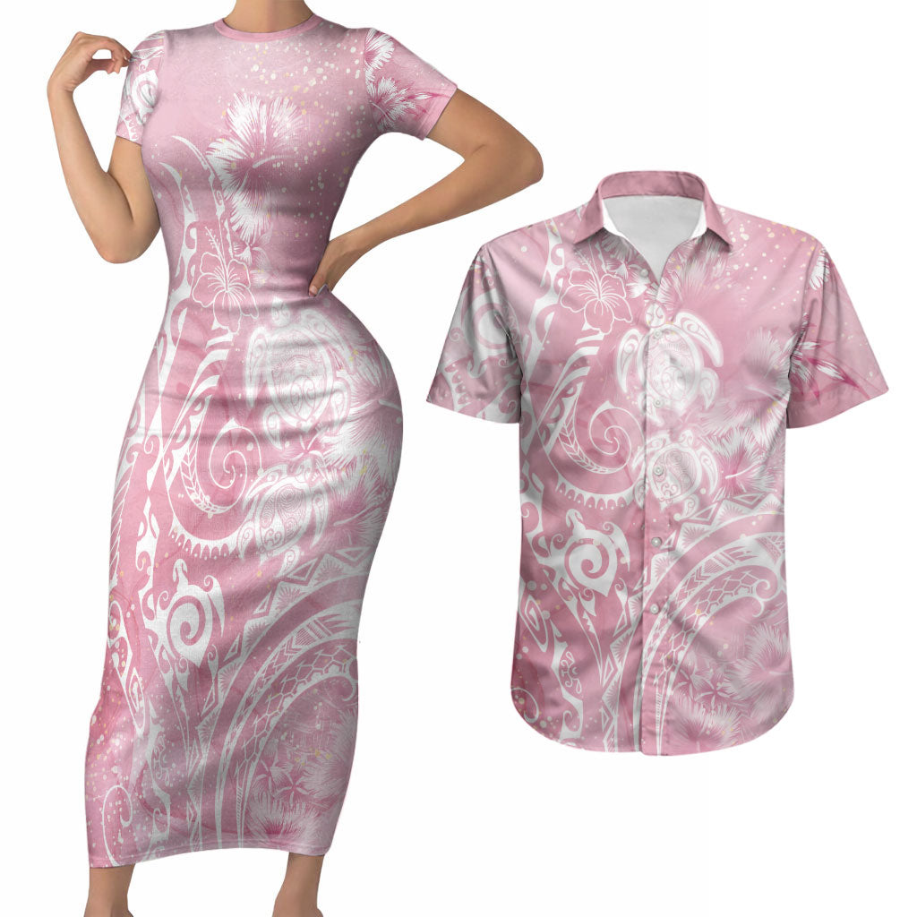 Aloha Hawaii Turtles Floral Couples Matching Short Sleeve Bodycon Dress and Hawaiian Shirt Pink Marbles Glaze LT7 Pink - Polynesian Pride