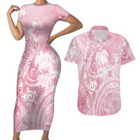 Aloha Hawaii Turtles Floral Couples Matching Short Sleeve Bodycon Dress and Hawaiian Shirt Pink Marbles Glaze LT7 Pink - Polynesian Pride