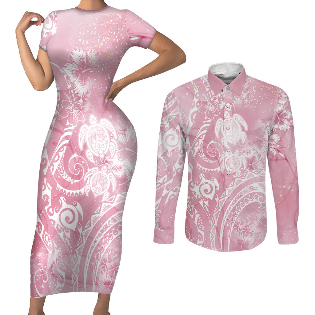 Aloha Hawaii Turtles Floral Couples Matching Short Sleeve Bodycon Dress and Long Sleeve Button Shirt Pink Marbles Glaze LT7 Pink - Polynesian Pride