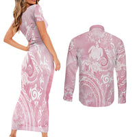 Aloha Hawaii Turtles Floral Couples Matching Short Sleeve Bodycon Dress and Long Sleeve Button Shirt Pink Marbles Glaze LT7 - Polynesian Pride