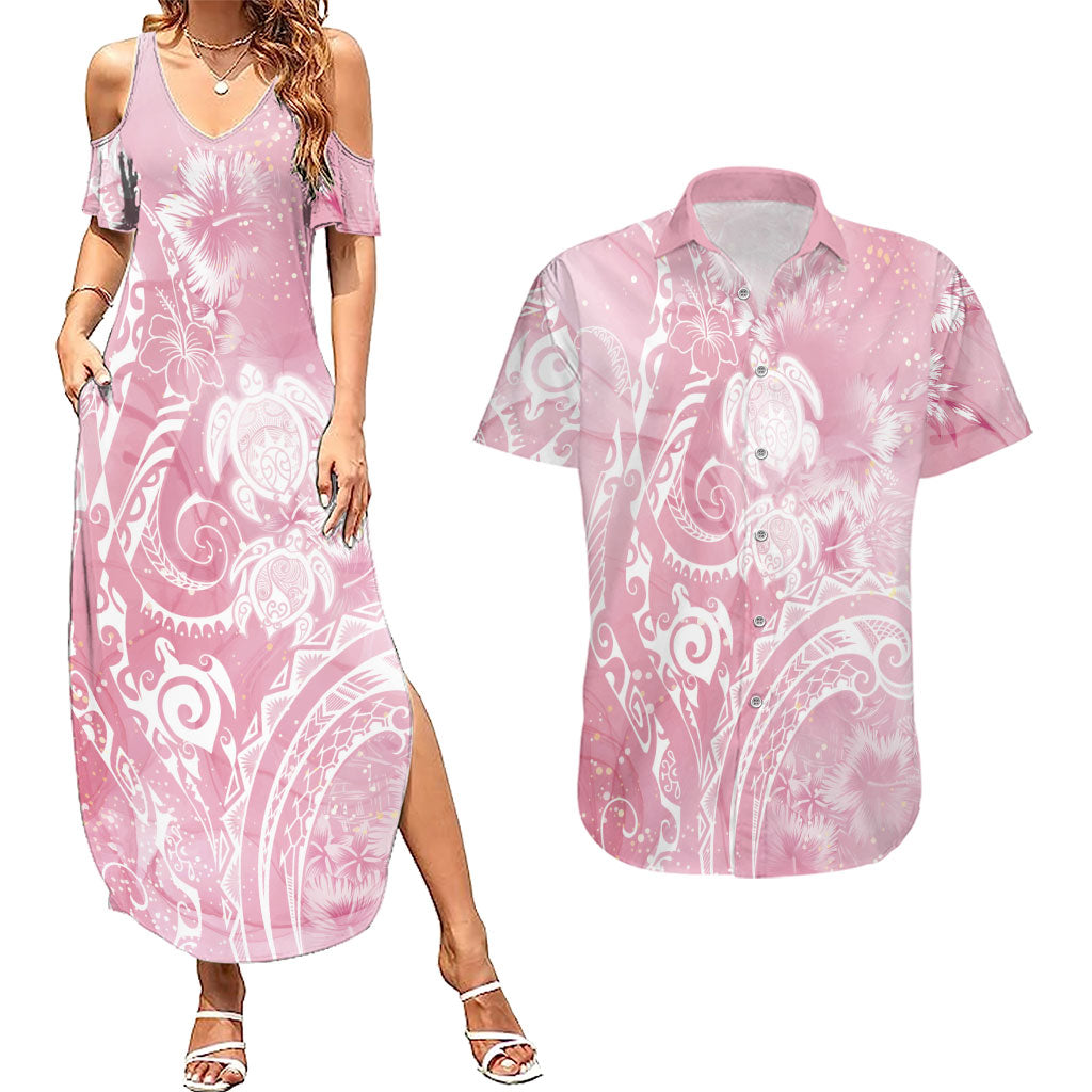 Aloha Hawaii Turtles Floral Couples Matching Summer Maxi Dress and Hawaiian Shirt Pink Marbles Glaze LT7 Pink - Polynesian Pride