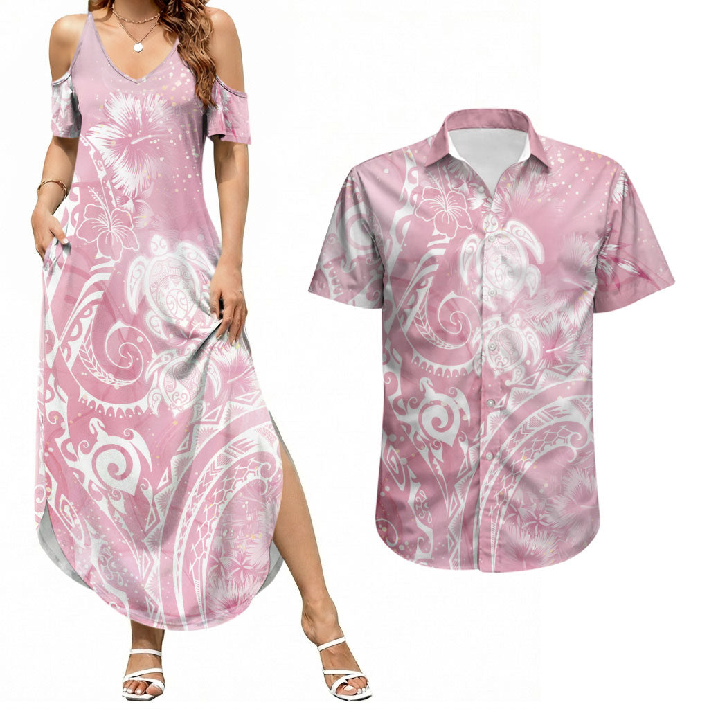 Aloha Hawaii Turtles Floral Couples Matching Summer Maxi Dress and Hawaiian Shirt Pink Marbles Glaze LT7 Pink - Polynesian Pride