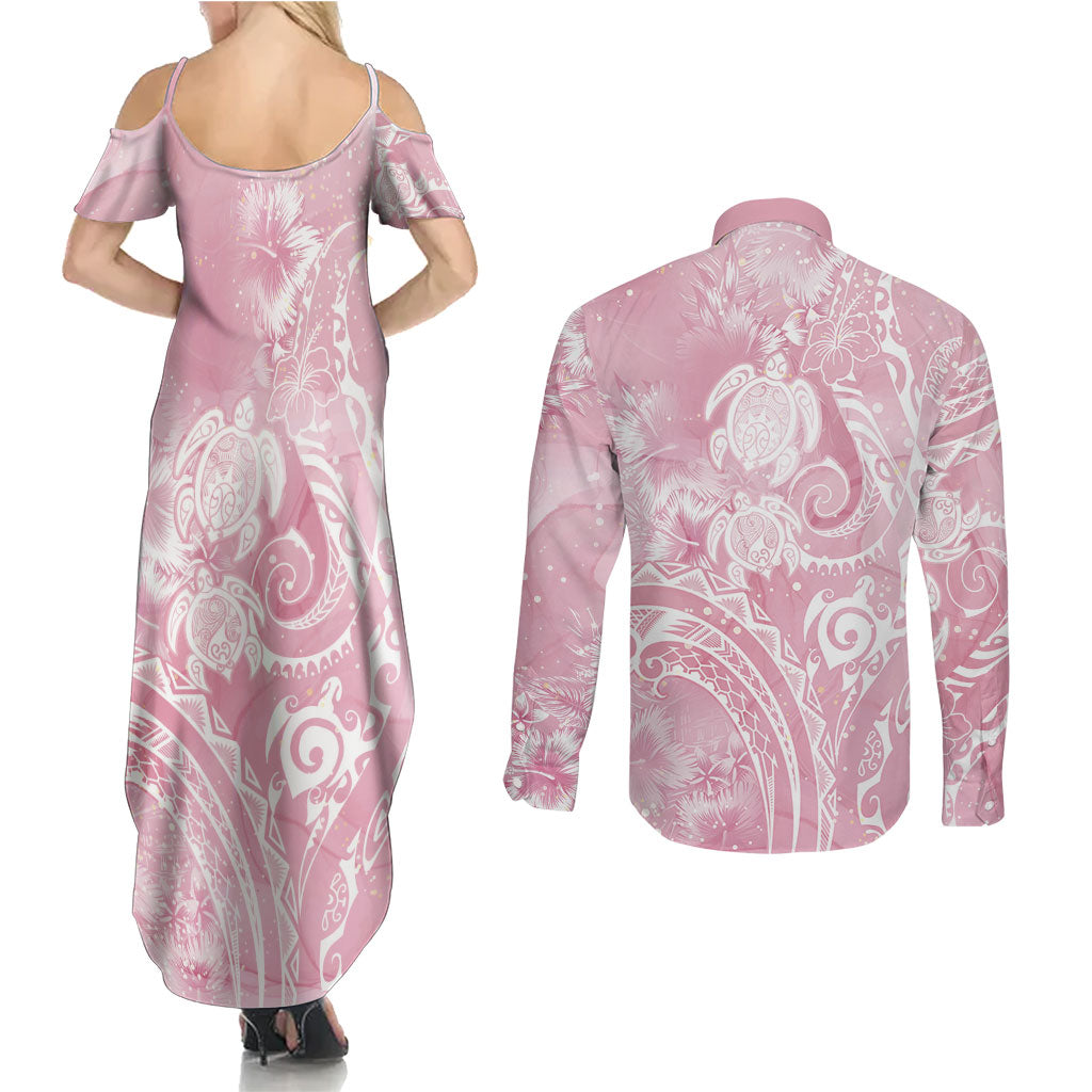 Aloha Hawaii Turtles Floral Couples Matching Summer Maxi Dress and Long Sleeve Button Shirt Pink Marbles Glaze LT7 - Polynesian Pride
