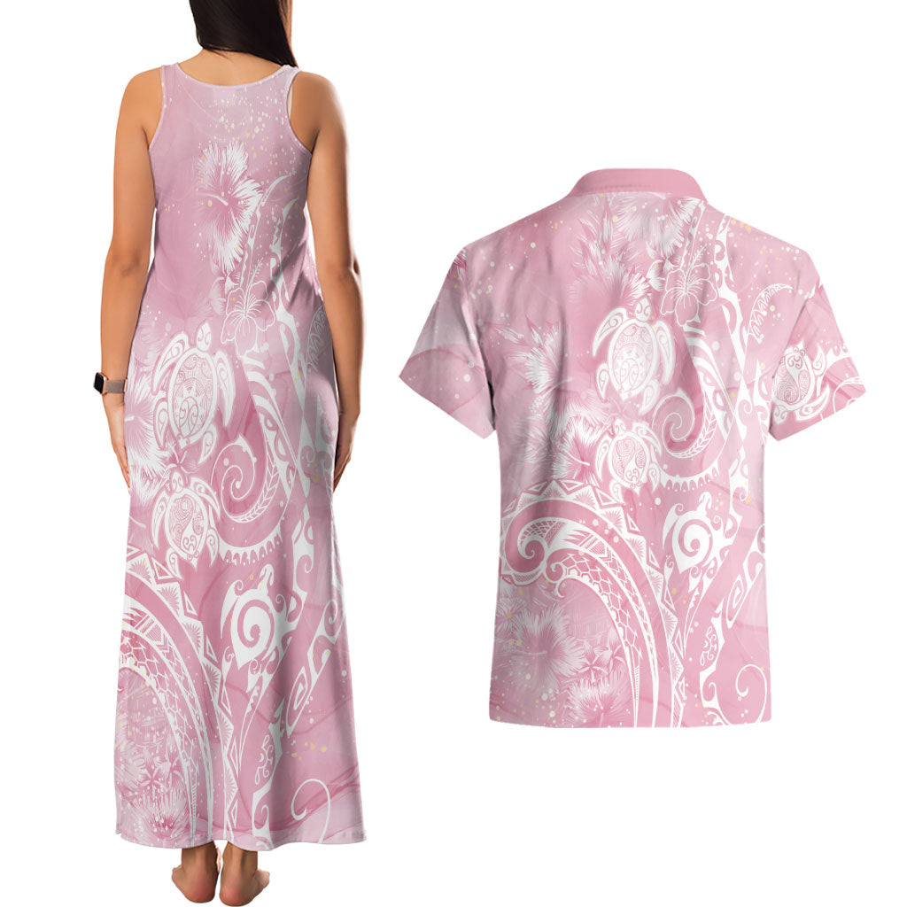 Aloha Hawaii Turtles Floral Couples Matching Tank Maxi Dress and Hawaiian Shirt Pink Marbles Glaze LT7 - Polynesian Pride
