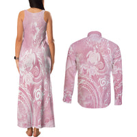 Aloha Hawaii Turtles Floral Couples Matching Tank Maxi Dress and Long Sleeve Button Shirt Pink Marbles Glaze LT7 - Polynesian Pride