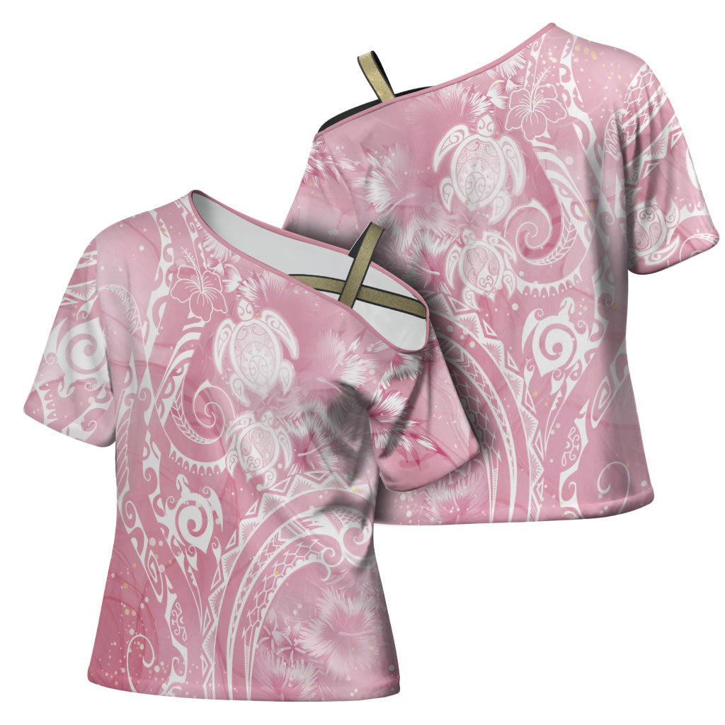 Aloha Hawaii Turtles Floral Cross Shoulder Shirt Pink Marbles Glaze LT7 - Polynesian Pride