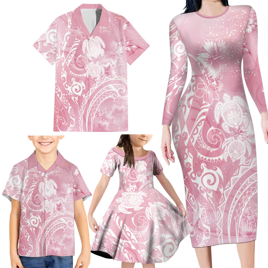 Aloha Hawaii Turtles Floral Family Matching Long Sleeve Bodycon Dress and Hawaiian Shirt Pink Marbles Glaze LT7 - Polynesian Pride