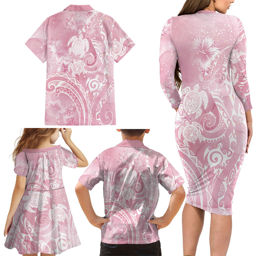 Aloha Hawaii Turtles Floral Family Matching Long Sleeve Bodycon Dress and Hawaiian Shirt Pink Marbles Glaze LT7 - Polynesian Pride