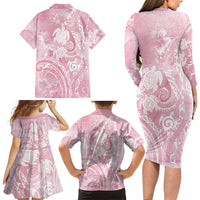 Aloha Hawaii Turtles Floral Family Matching Long Sleeve Bodycon Dress and Hawaiian Shirt Pink Marbles Glaze LT7 - Polynesian Pride