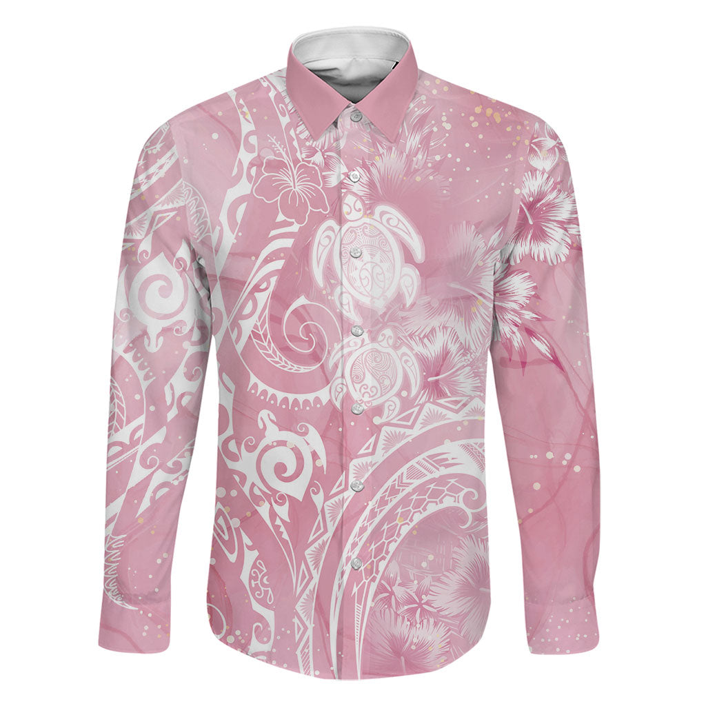Aloha Hawaii Turtles Floral Family Matching Long Sleeve Bodycon Dress and Hawaiian Shirt Pink Marbles Glaze LT7 Dad's Shirt - Long Sleeve Pink - Polynesian Pride