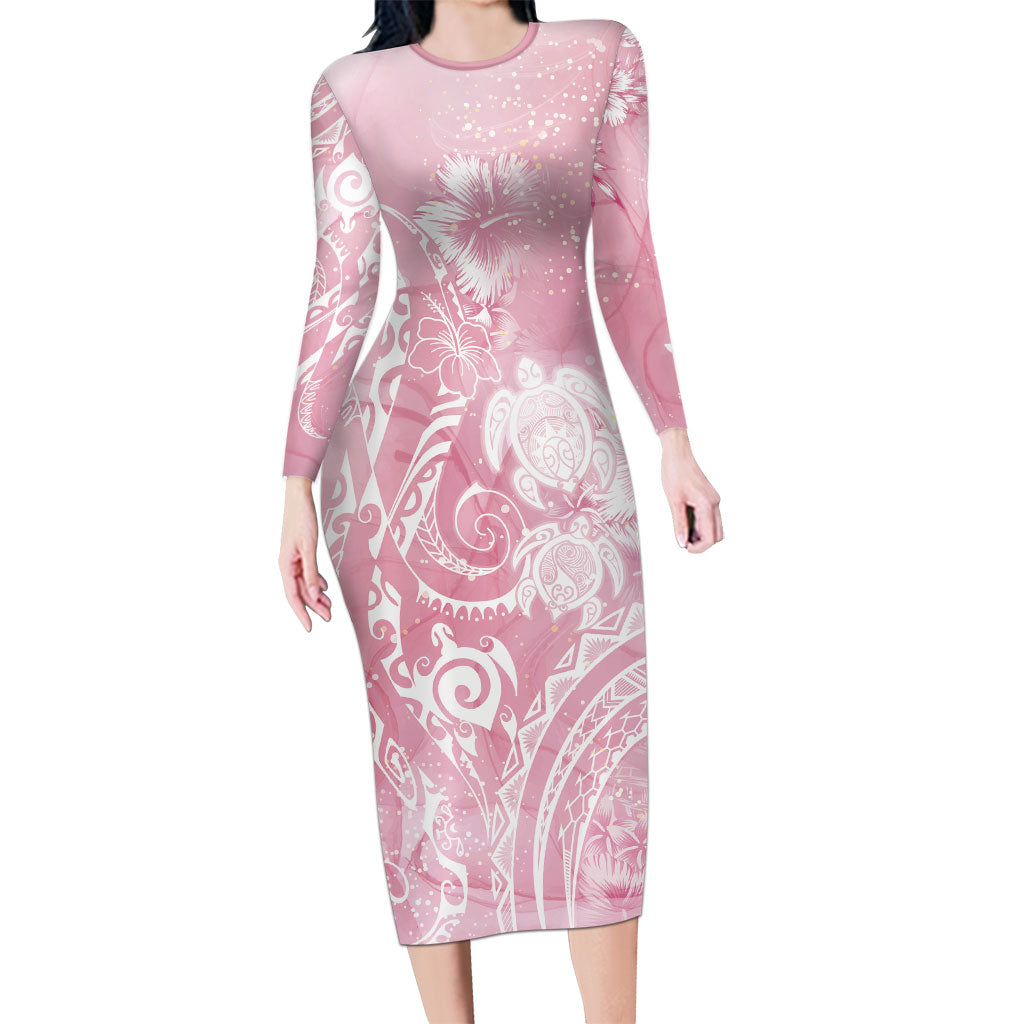 Aloha Hawaii Turtles Floral Family Matching Long Sleeve Bodycon Dress and Hawaiian Shirt Pink Marbles Glaze LT7 Mom's Dress Pink - Polynesian Pride