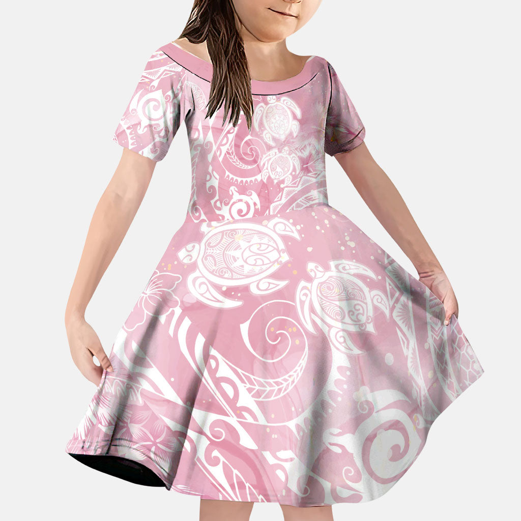 Aloha Hawaii Turtles Floral Family Matching Mermaid Dress and Hawaiian Shirt Pink Marbles Glaze LT7 Daughter's Dress Pink - Polynesian Pride