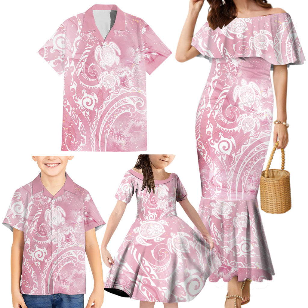 Aloha Hawaii Turtles Floral Family Matching Mermaid Dress and Hawaiian Shirt Pink Marbles Glaze LT7 - Polynesian Pride