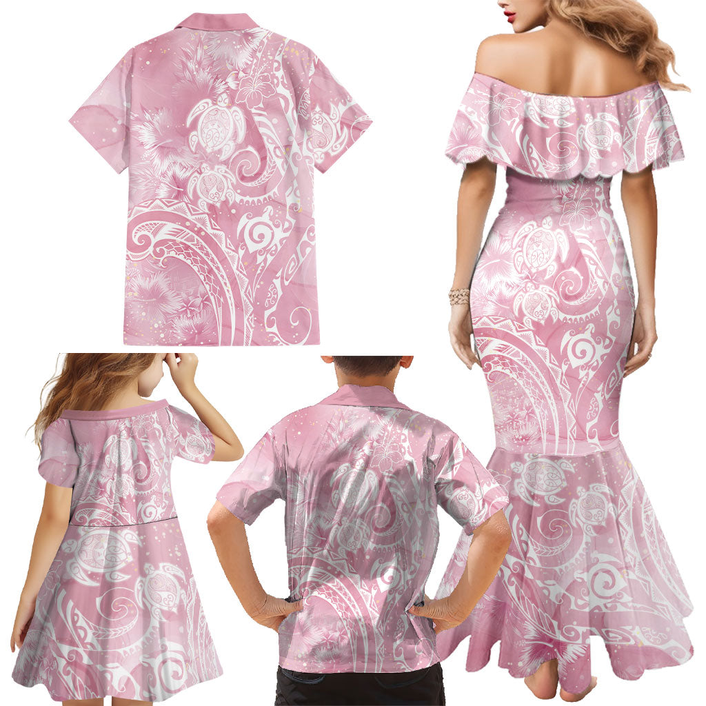 Aloha Hawaii Turtles Floral Family Matching Mermaid Dress and Hawaiian Shirt Pink Marbles Glaze LT7 - Polynesian Pride