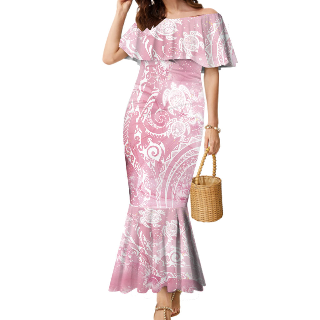 Aloha Hawaii Turtles Floral Family Matching Mermaid Dress and Hawaiian Shirt Pink Marbles Glaze LT7 Mom's Dress Pink - Polynesian Pride