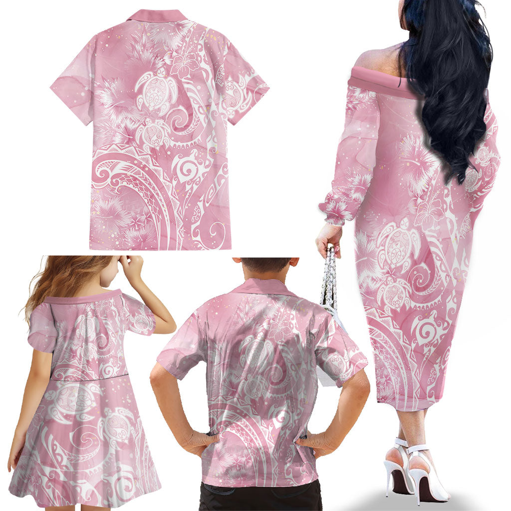 Aloha Hawaii Turtles Floral Family Matching Off The Shoulder Long Sleeve Dress and Hawaiian Shirt Pink Marbles Glaze LT7 - Polynesian Pride