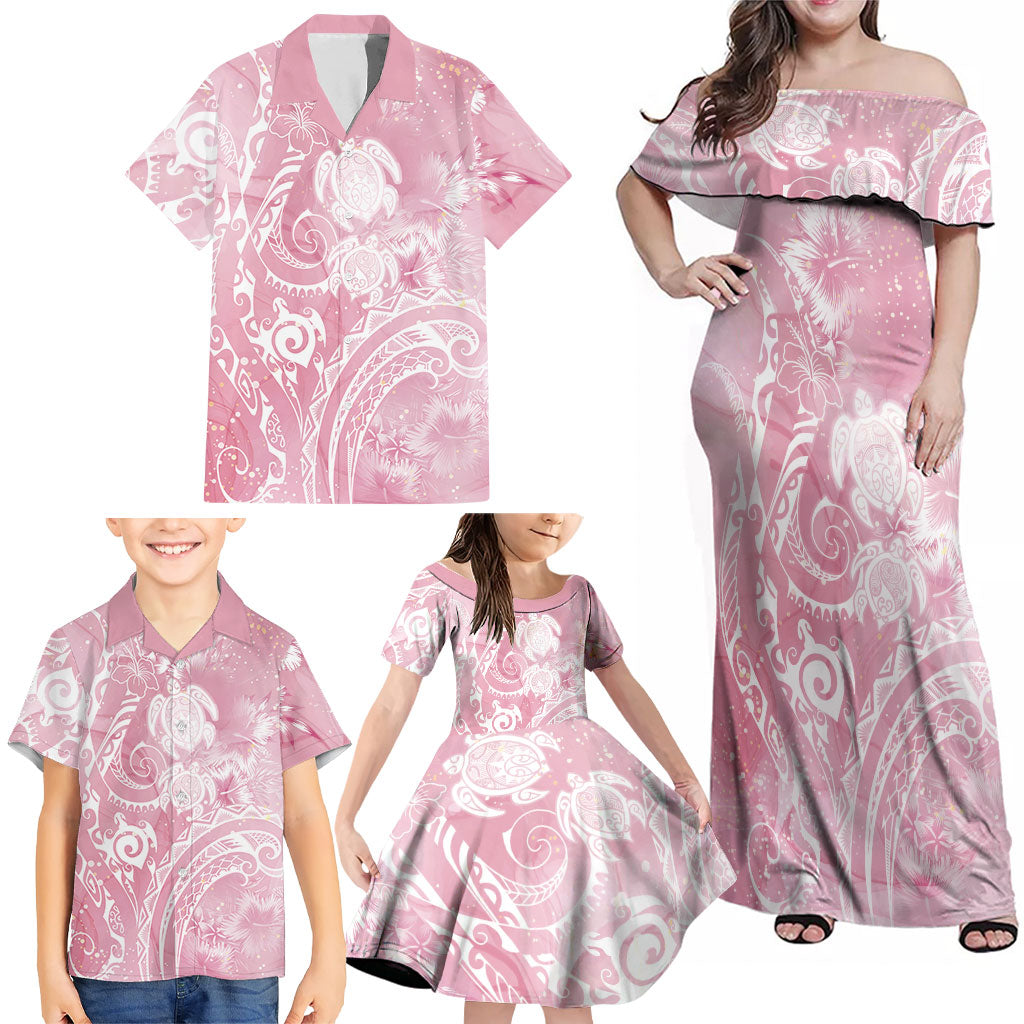 Aloha Hawaii Turtles Floral Family Matching Off Shoulder Maxi Dress and Hawaiian Shirt Pink Marbles Glaze LT7 - Polynesian Pride