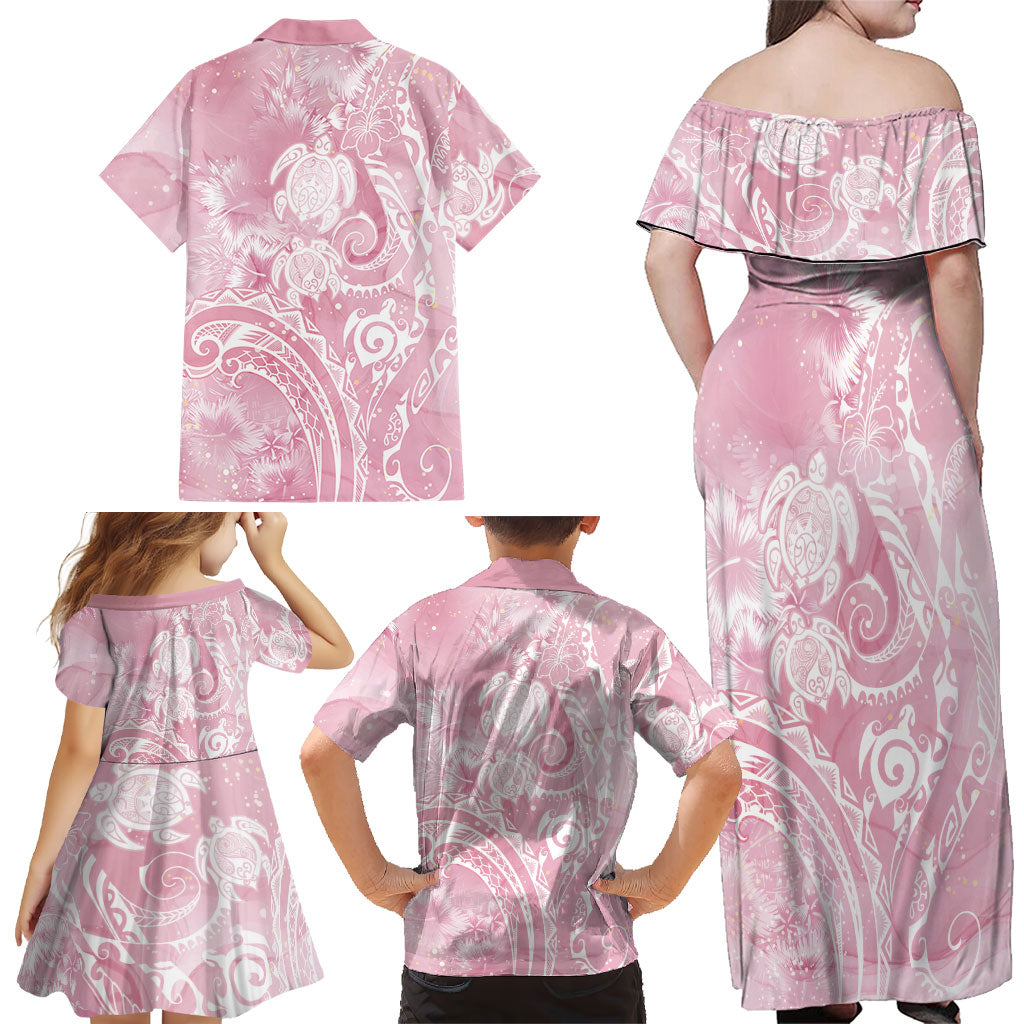 Aloha Hawaii Turtles Floral Family Matching Off Shoulder Maxi Dress and Hawaiian Shirt Pink Marbles Glaze LT7 - Polynesian Pride