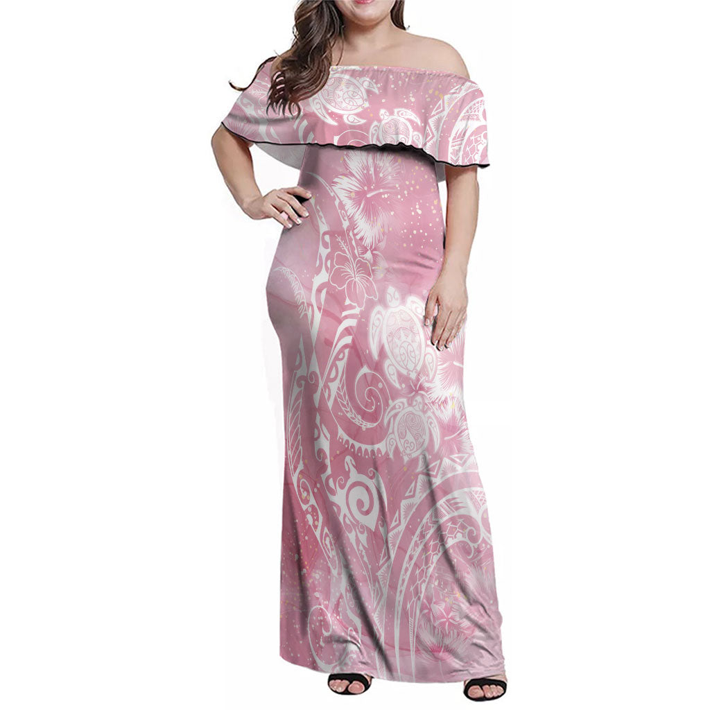 Aloha Hawaii Turtles Floral Family Matching Off Shoulder Maxi Dress and Hawaiian Shirt Pink Marbles Glaze LT7 Mom's Dress Pink - Polynesian Pride