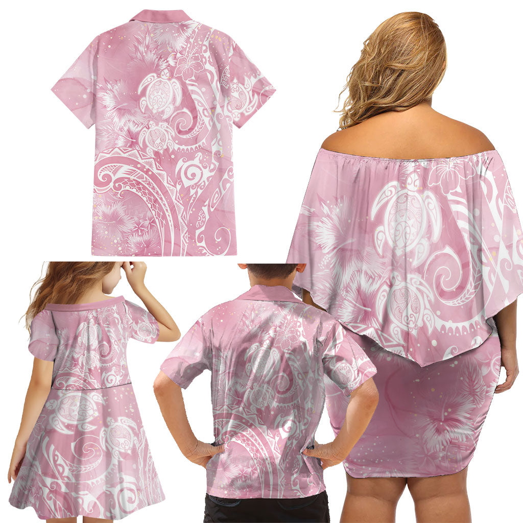 Aloha Hawaii Turtles Floral Family Matching Off Shoulder Short Dress and Hawaiian Shirt Pink Marbles Glaze LT7 - Polynesian Pride