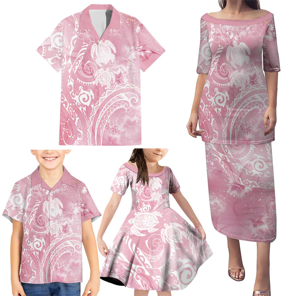 Aloha Hawaii Turtles Floral Family Matching Puletasi and Hawaiian Shirt Pink Marbles Glaze LT7 - Polynesian Pride