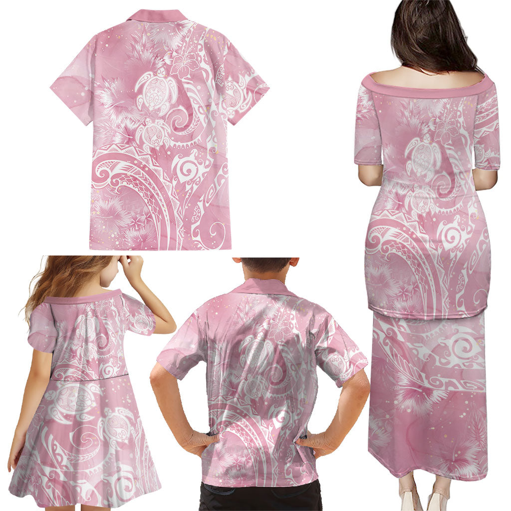 Aloha Hawaii Turtles Floral Family Matching Puletasi and Hawaiian Shirt Pink Marbles Glaze LT7 - Polynesian Pride
