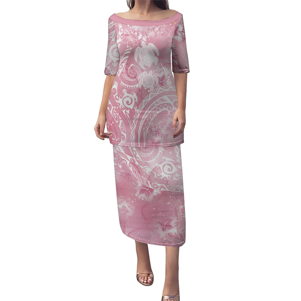 Aloha Hawaii Turtles Floral Family Matching Puletasi and Hawaiian Shirt Pink Marbles Glaze LT7 Mom's Dress Pink - Polynesian Pride