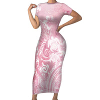 Aloha Hawaii Turtles Floral Family Matching Short Sleeve Bodycon Dress and Hawaiian Shirt Pink Marbles Glaze LT7 Mom's Dress Pink - Polynesian Pride