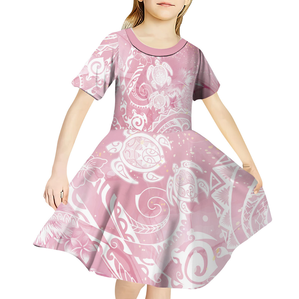 Aloha Hawaii Turtles Floral Kid Short Sleeve Dress Pink Marbles Glaze LT7 - Polynesian Pride