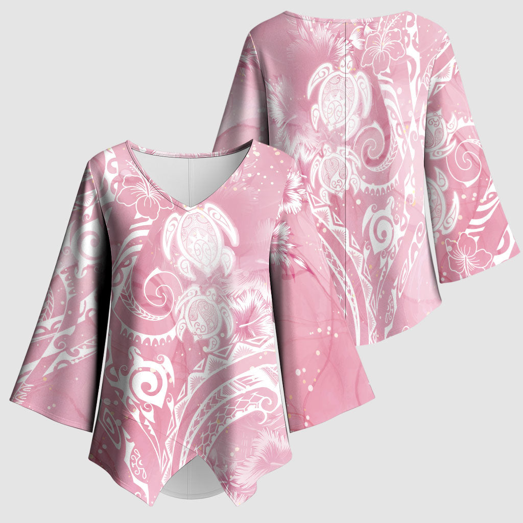 Aloha Hawaii Turtles Floral Kimono Sleeve Blouse Pink Marbles Glaze LT7 - Polynesian Pride