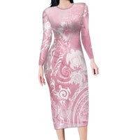 Aloha Hawaii Turtles Floral Long Sleeve Bodycon Dress Pink Marbles Glaze LT7 Long Dress Pink - Polynesian Pride