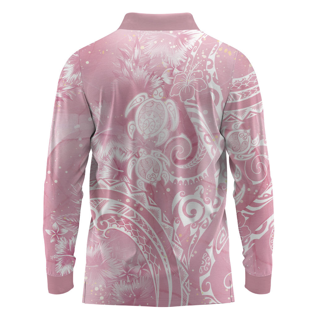 Aloha Hawaii Turtles Floral Long Sleeve Polo Shirt Pink Marbles Glaze LT7 - Polynesian Pride