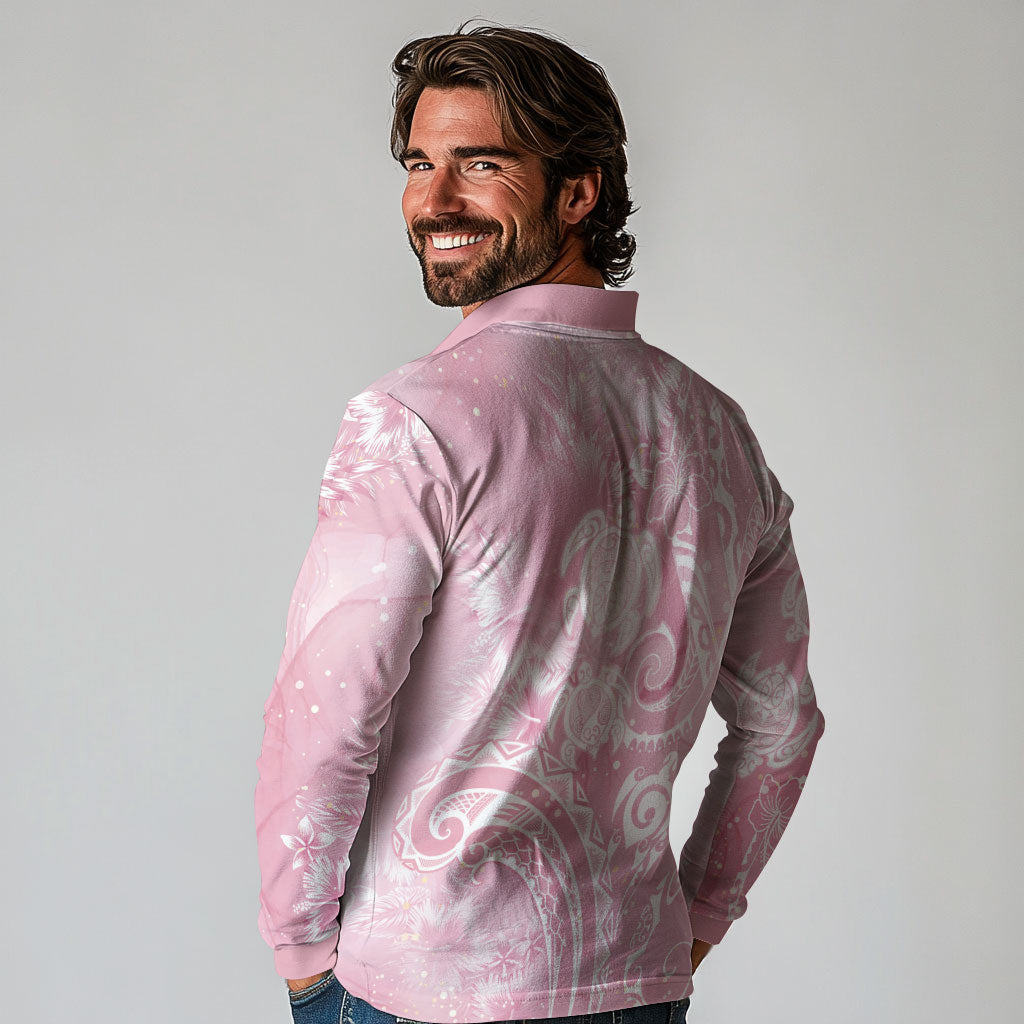 Aloha Hawaii Turtles Floral Long Sleeve Polo Shirt Pink Marbles Glaze LT7 - Polynesian Pride
